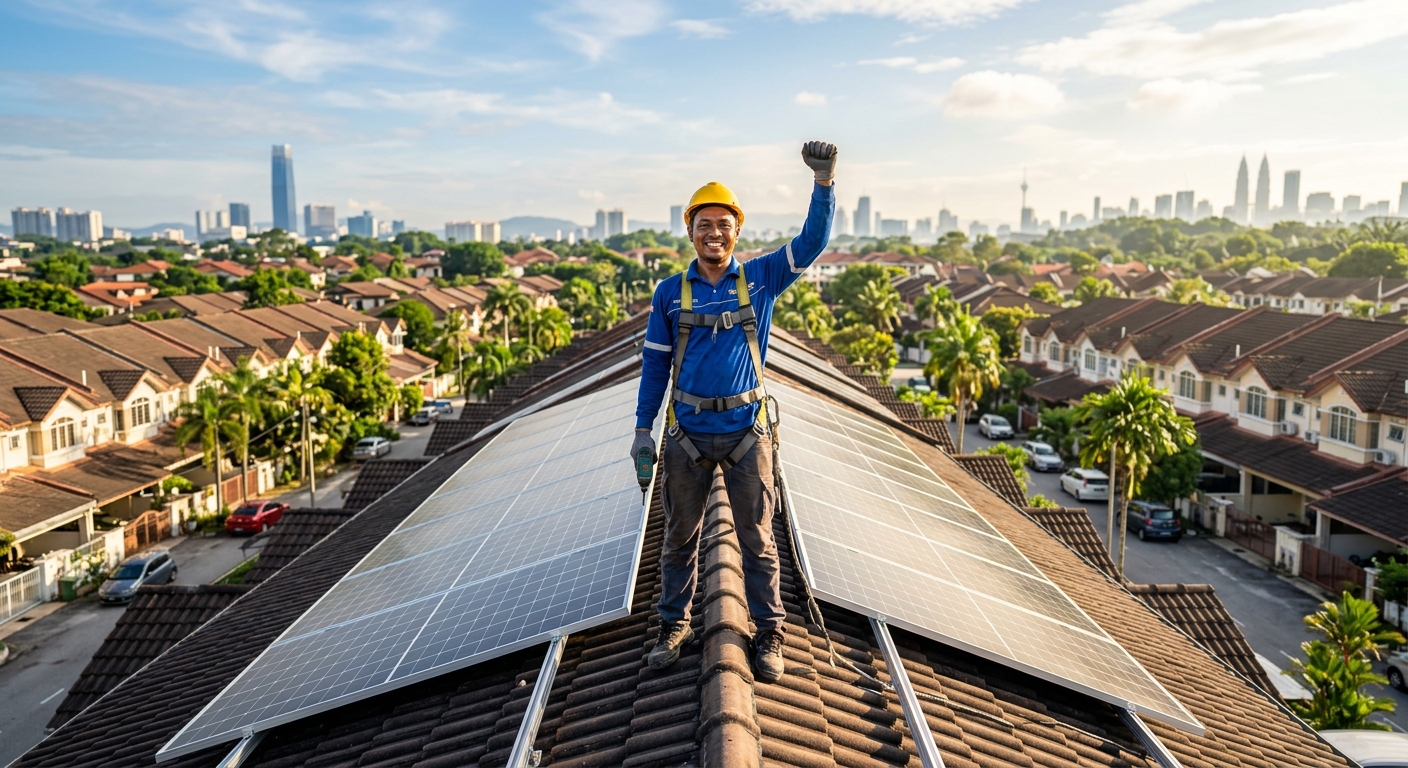 Solar installer mounting panels on a residential rooftop